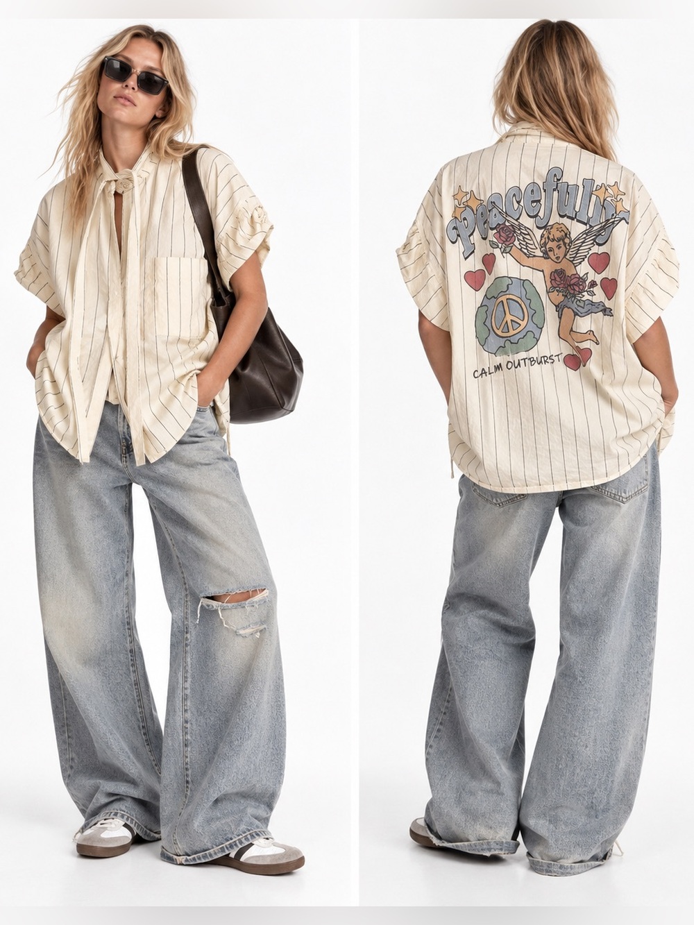 REPeller Peacefully Graphic Oversized Pinstripe Shirt Blouse